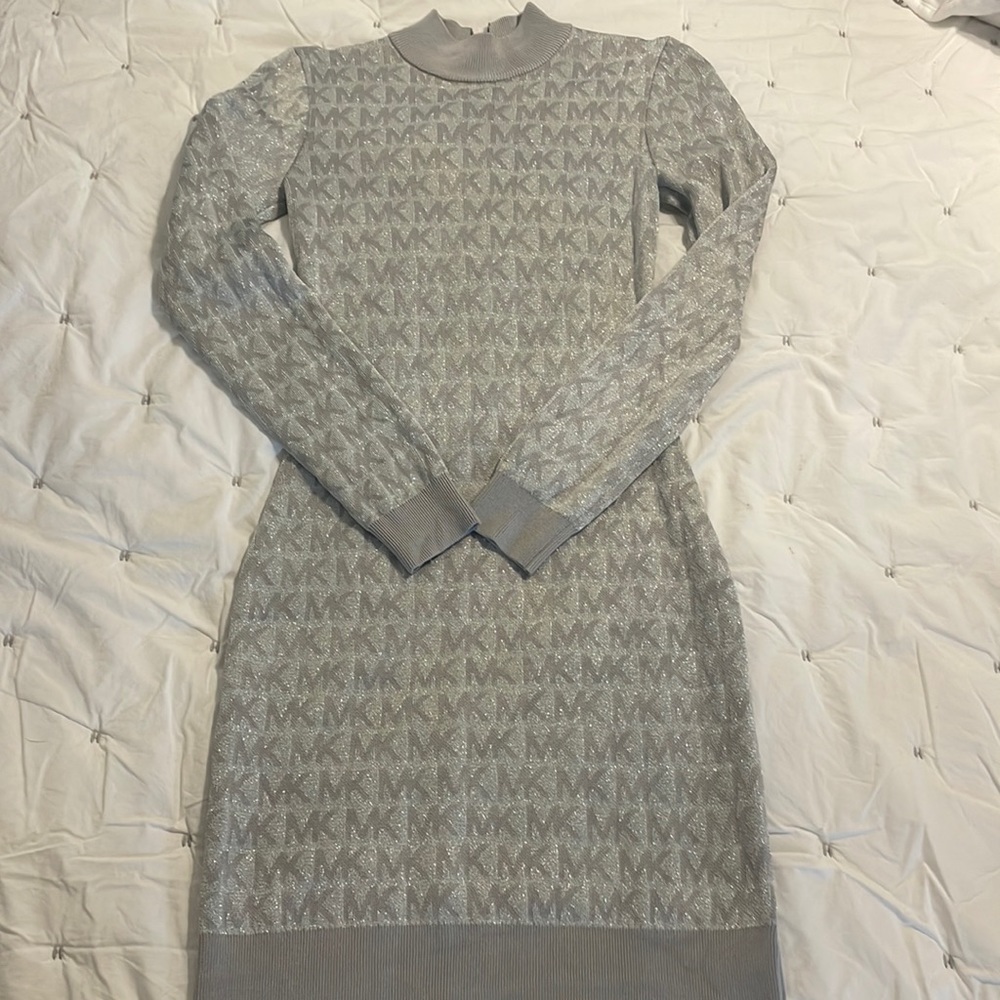 Michael Kors Metallic Silver Logo Knit Long-Sleeve Dress